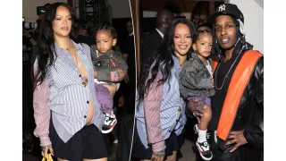 Pregnant Rihanna and son Riot attended A$AP Rocky's Paris Fashion Week show to show support.